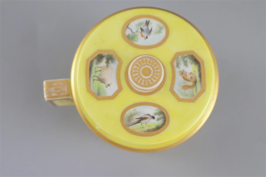 A rare Derby single handled chocolate cup, cover and stand, c.1795-1800, 11 cm high